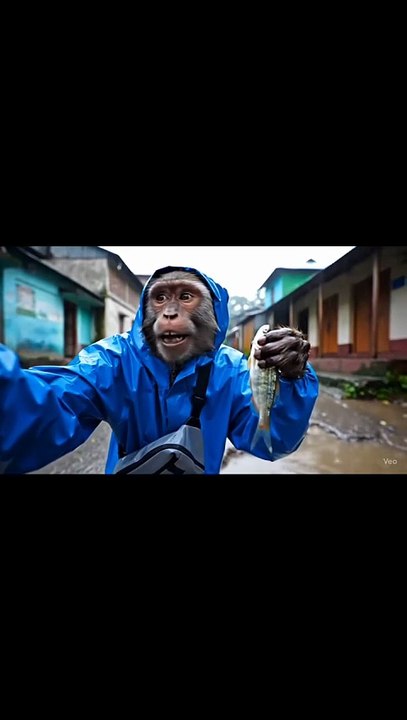 A monkey doing vlog in rain 🌧️