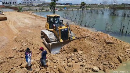 Amazing Landfill project by SANTUI Bulldozer pushing soil and truck Spreading soil