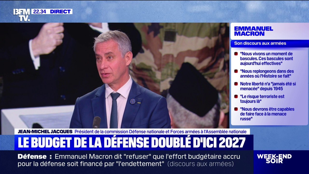 Budget des armées doublé d'ici 2027: "La France a besoin d'investir plus pour tenir l'ensemble des espaces", explique Jean-Michel Jacques, président de la commission Défense nationale et Forces armées à l'Assemblée nationale