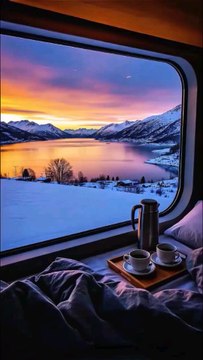 Winter Train Journey with Snowy Mountains, Sunrise Sky, Peaceful Lake, Cozy Cabin Vibes.