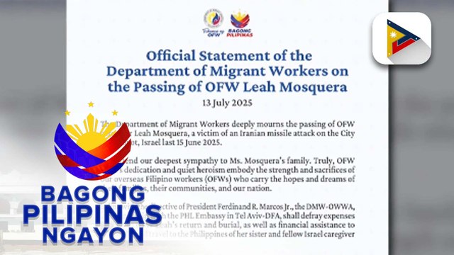 DMW, nagpaabot ng pakikiramay sa pagpanaw ng Pinay caregiver na si Leah Mosquera