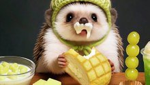The hedgehog baby is eating delicious food with relish