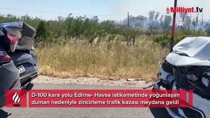 Edirne'de yangın! Kara yolu kapatıldı: Duman nedeniyle zincirleme kaza meydana geldi