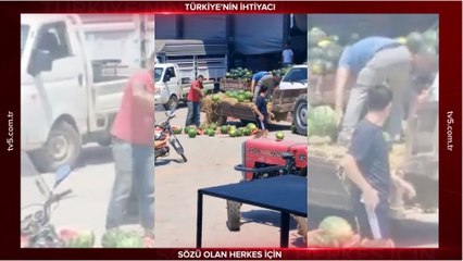 Ürünü para etmeyen çiftçi isyan etti; bir römork dolusu karpuzu yere atıp parçaladı