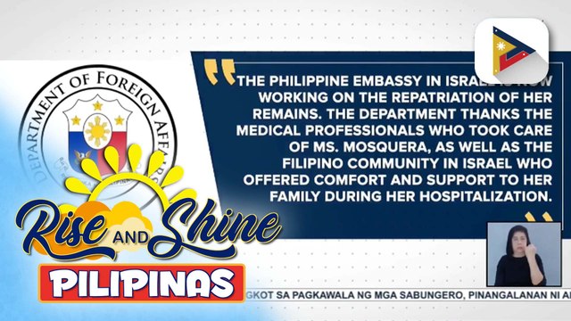 DFA, nagpaabot ng pakikiramay sa mga naulila ng nasawing Pinay caregiver sa Israel dahil sa gulo sa pagitan ng Israel at Iran