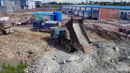 Best Amazing Activity Bulldozer CAT Pushing Soil filling land with many Dumps Truck 5Ton unloading