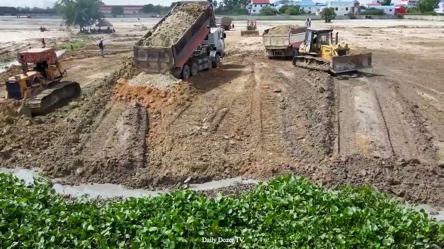 Best Activity Three Bulldozer Pushing Soil Fill the Land with Many Dump trucks 25 Ton unloading Soil