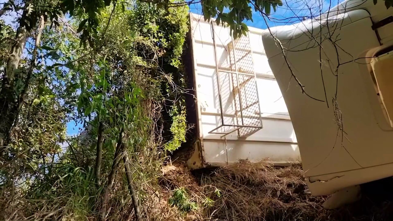 Caminhão carregado com cavaco de madeira tomba na BR-369, em Cascavel