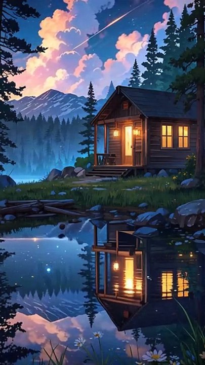 Moonlit Cabin Reflection