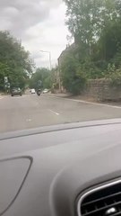 Individuals riding a stolen bike throw rocks at a car