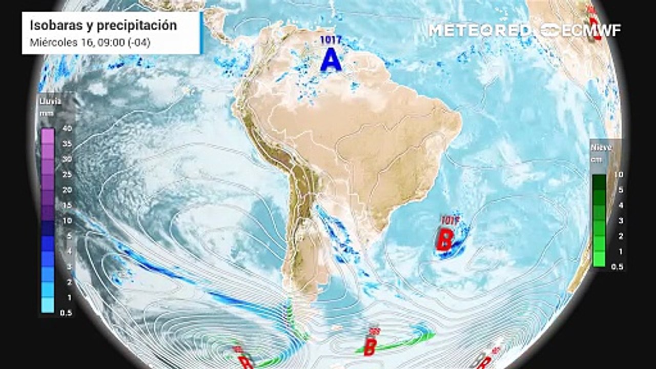 Pronóstico de isobaras y precipitación: Jueves 17 de julio