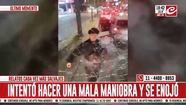 Conductor fuera de control: rompió el parabrisas de un colectivo a golpes