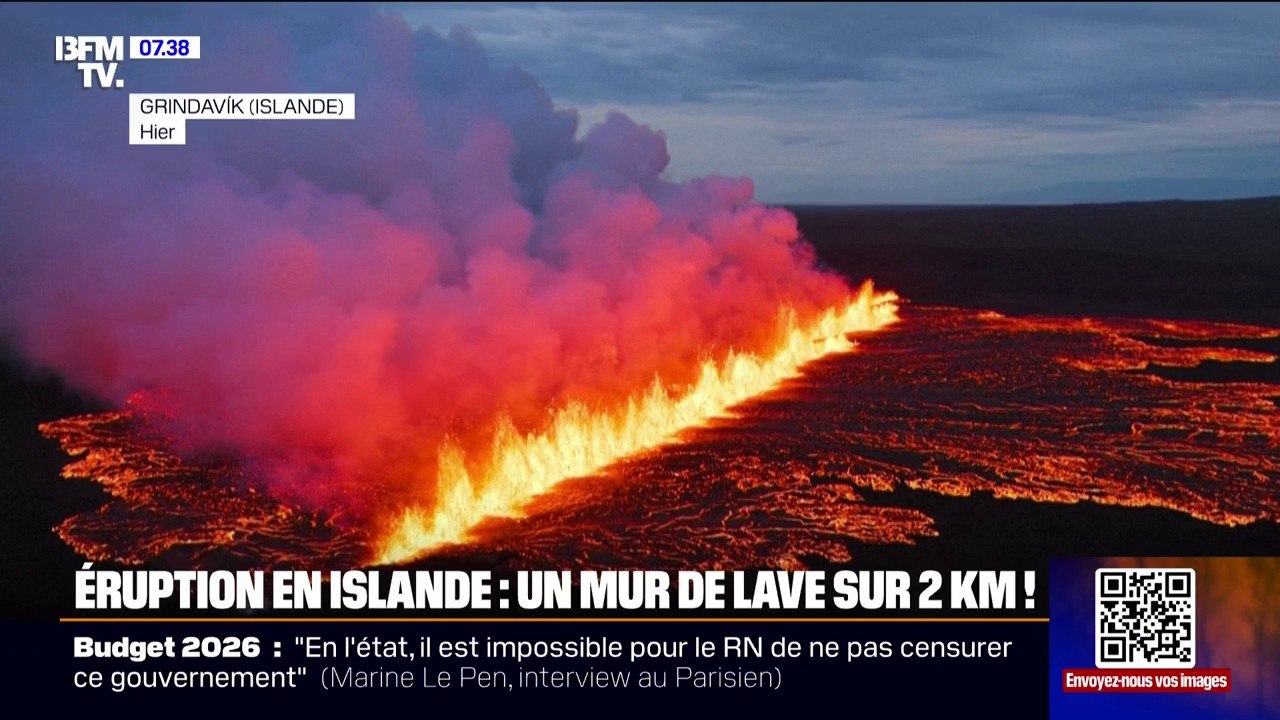 Éruption en Islande: de la lave s'échappe d'une fissure dans le sol pendant l'éruption d'un volcan sur la péninsule de Reykjanes