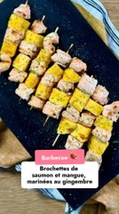 Brochettes de saumon et mangue, marinées au gingembre