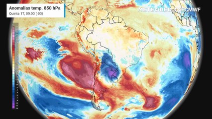 Previsão de anomalias de temperatura em 850 hPa até sábado (19).