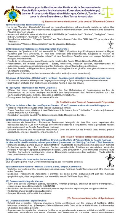 Revendications pour la Restitution des Droits et de la Souveraineté du Peuple Kalinago dans un Processus de Réparation Historique, Culturel et Territorial pour le Vivre-Ensemble sur Nos Terres Ancestrales