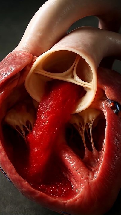 Animated contraction with the aortic valve leaflet opening wide. Red-tinted flow