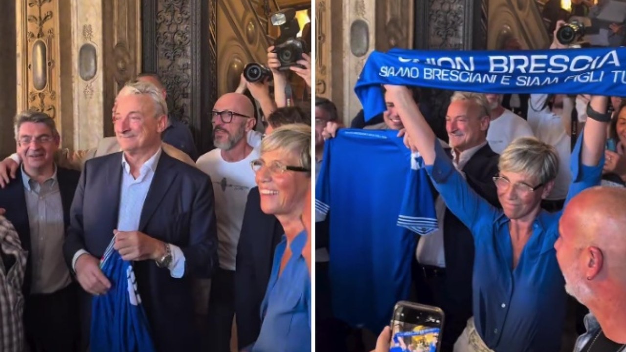 I tifosi dell'Union Brescia intonano il canto «Madonnina dai riccioli d'oro» davanti al presidente Pasini e alla sindaca Castelletti