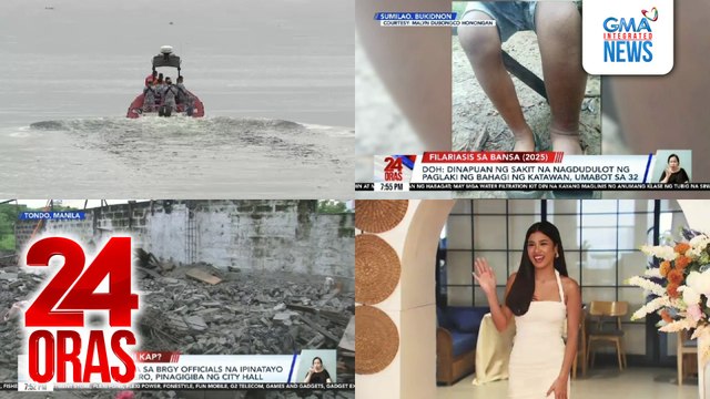 24 Oras: (Part 3) Paghahanap sa mga labi, apektado ng masamang panahon dahil pinalabo lalo ng ulan ang tubig; kaso ng Filariasis, umabot na sa mahigit 30; mga bahay na itinayo sa gilid ng estero sa Maynila; Shuvee Etrata, in-demand at tila..., atbp.