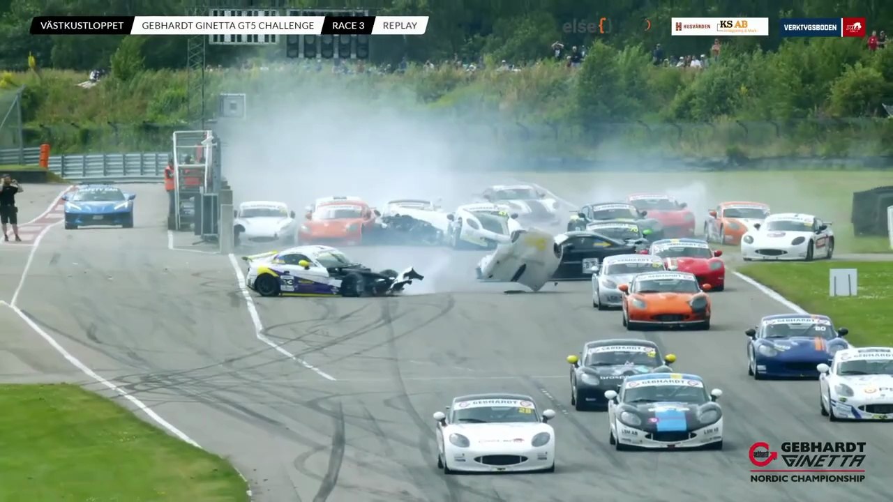 Ginetta GT5 Challenge Sweden 2025 Falkenberg Race 3 Start Pile Up