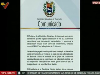 Venezuela anuncia que se ha logrado la liberación de los 252 venezolanos secuestrados en el CECOT