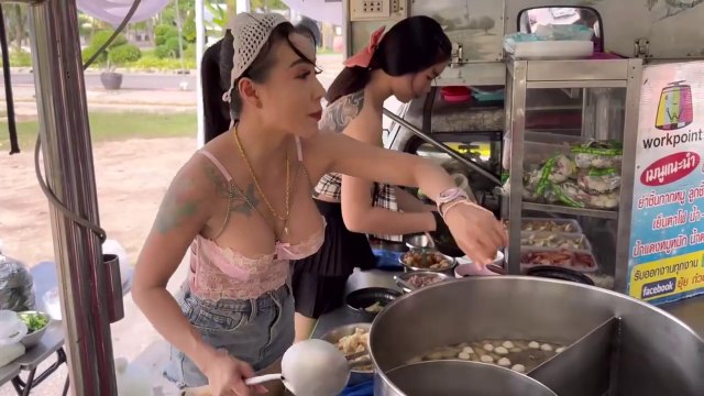Call for booking only !! Beautiful Thai Lady Cooking Pork Noodle on Food Truck - Thai Street Food