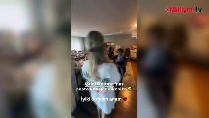 Derya Tuna'ya doğum günü sürprizi! Sevimli ikizlerin gözü pastada kaldı