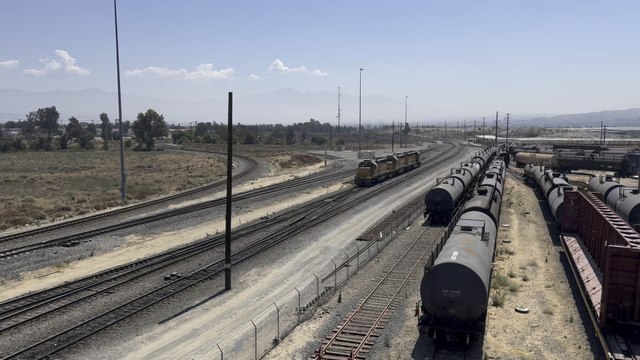 UP 7287 Leads Westbound Intermodal Train Rolling Through West Colton Yard.