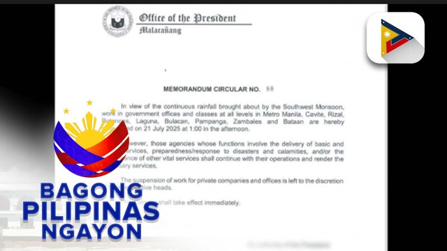 Pasok sa mga tanggapan ng gobyerno at lahat ng antas ng klase sa ilang lugar sa bansa, sinuspinde na ng Malacañang