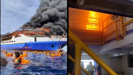 Arde el barco KM Barcelona con centenares de pasajeros en Indonesia y se viven escenas de pánico