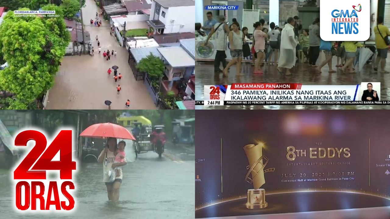 24 Oras: (Part 3) Baha sa ilang bayan sa Bulacan, abot-dibdib o lampas tao; 346 pamilya, inilikas nang itaas ang ikalawang alarma sa Marikina River; MDRRMO: 25 barangay ng Macabebe, lubog sa baha, maraming residente, hindi lumikas dahil sanay na, atbp.