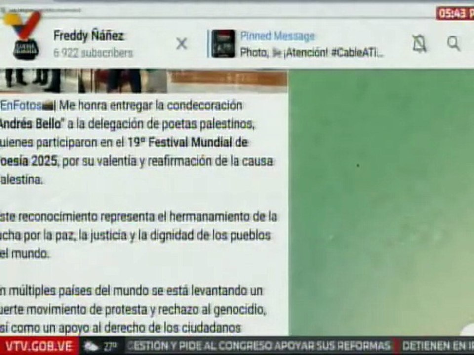 Venezuela entregó la condecoración "Andrés Bello" a poetas de Palestina