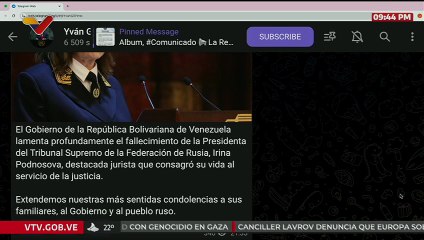 Venezuela lamenta fallecimiento de la presidenta del Tribunal Supremo de Rusia Irina Podnosova