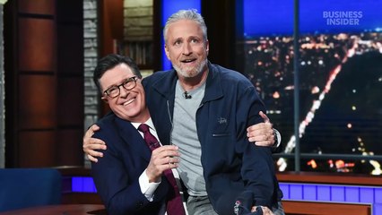 Jon Stewart suggests Colbert's cancellation is tied to Paramount's Trump  settlement - video Dailymotion