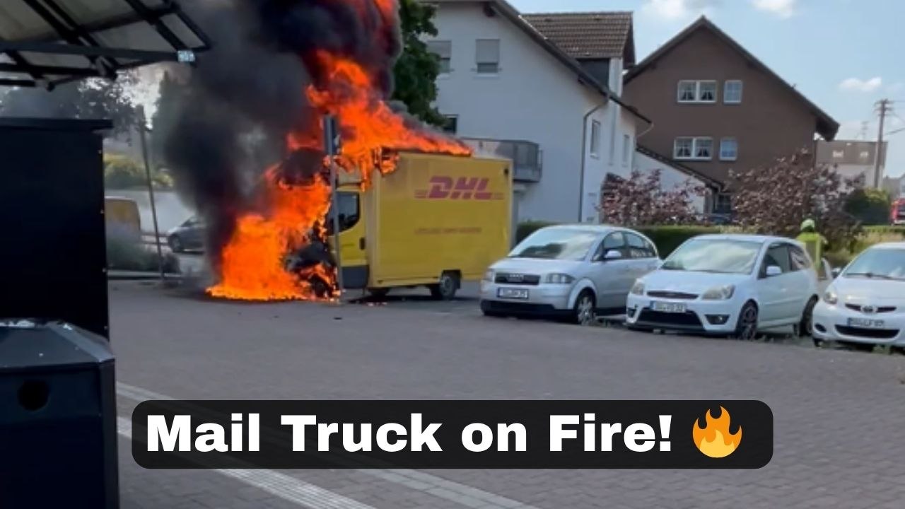 DHL delivery truck goes up in flames as firefighters arrive to contain the fire quickly