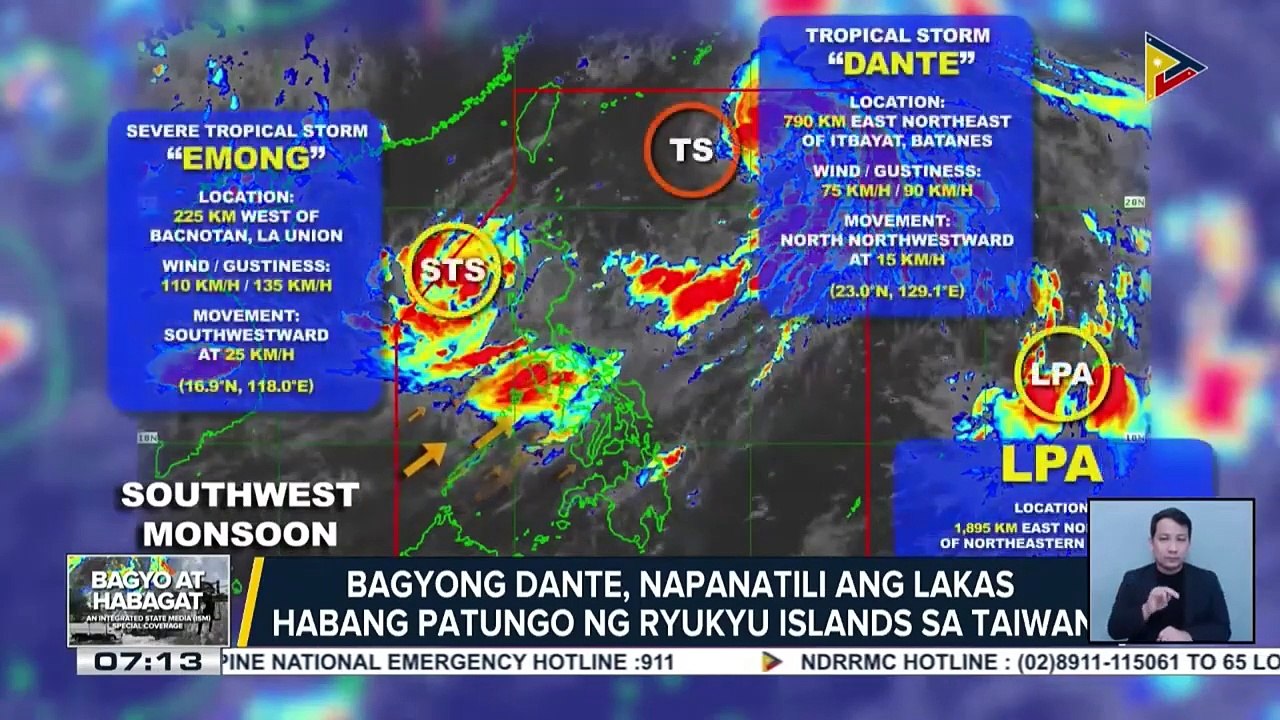 Bagyong #DantePH, napanatili ang lakas habang patungo ng Ryukyu Islands sa Taiwan; Habagat, patuloy na magpapaulan sa ilang lugar