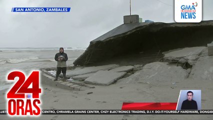 Bahagi ng coastal road, sinira ng mga alon; storm surge warning, nakataas sa buong Zambales | 24 Oras