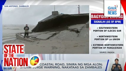 Bahagi ng coastal road, sinira ng mga alon; storm surge warning, nakataas sa Zambales | SONA
