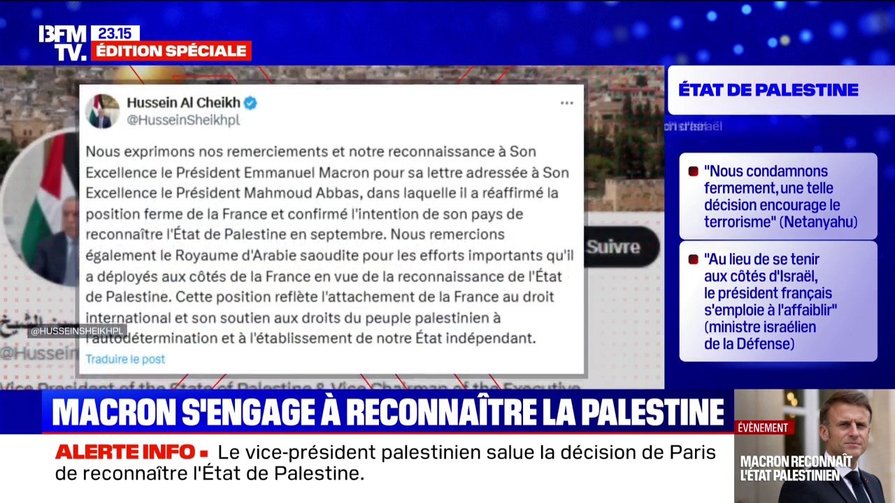 Annonce d'Emmanuel Macron sur la Palestine: "Nous exprimons nos remerciements au Président Emmanuel Macron", déclare le vice-président palestinien