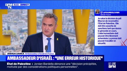 "La France, au lieu de faire pression sur le Hamas [...] fait pression sur Israël", estime Joshua Zarka, ambassadeur d'Israël en France