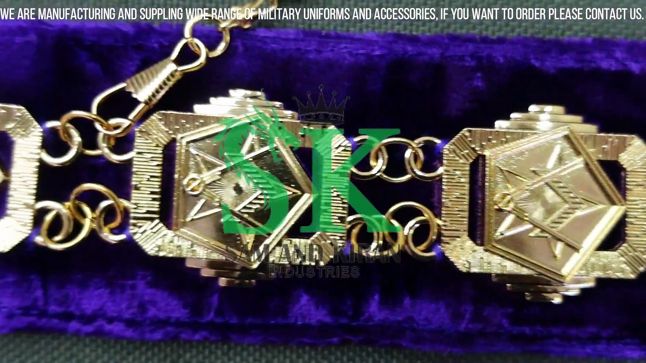 Masonic Compass Square Chain Collar Gold on Purple Velvet, Masonic Regalia Chain Collar Gold Plated