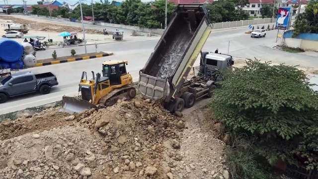 Starting Amazing Project Filling Big Lake by Amazing Bulldozer SHANTUI with 25T Dump truck Unloading