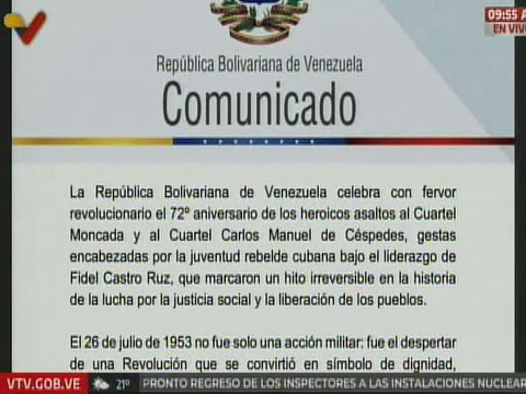 Comunicado | Venezuela celebra con fervor el 72º aniversario del heroico Asalto al Cuartel Moncada