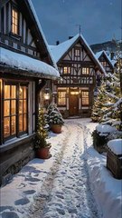 Snowy Village Streets, Cozy Cabins, Snow Adventures, Mountain Views.