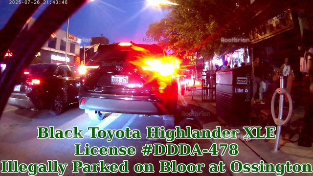 Black Toyota Highlander XLE License # DDDA-478 and White Nissan Sentra SV License # DDDR-951 illegally parked in bloor bike lanes