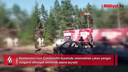 Otomobilde çıkan yangın rüzgarın etkisiyle ormana sıçradı