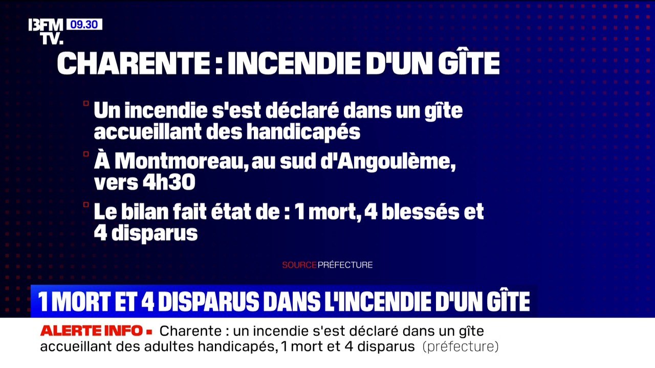 Un mort et quatre disparus dans l'incendie d'un gîte accueillant des adultes handicapés en Charente