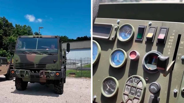 Burgerleverancier laat zien hoe het is om een M1078 Stewart & Stevenson legervoertuig te besturen