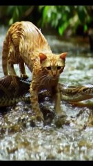 Relaxing Scene: Cat Rides a Giant Anaconda Across the River