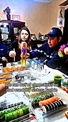 We ran out of chopsticks so dad used my sisters Barbie